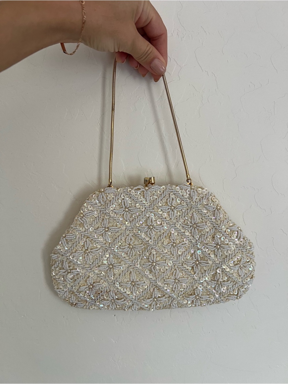 Vintage Hand Beaded Cream Evening Clutch Bag